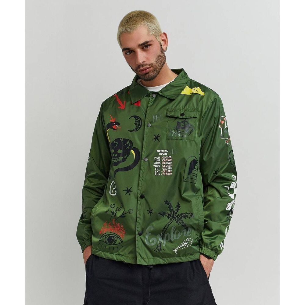 New XL Reason Gritty Coach Jacket Oilve Green Front Snap Long Sleeve Windbreaker